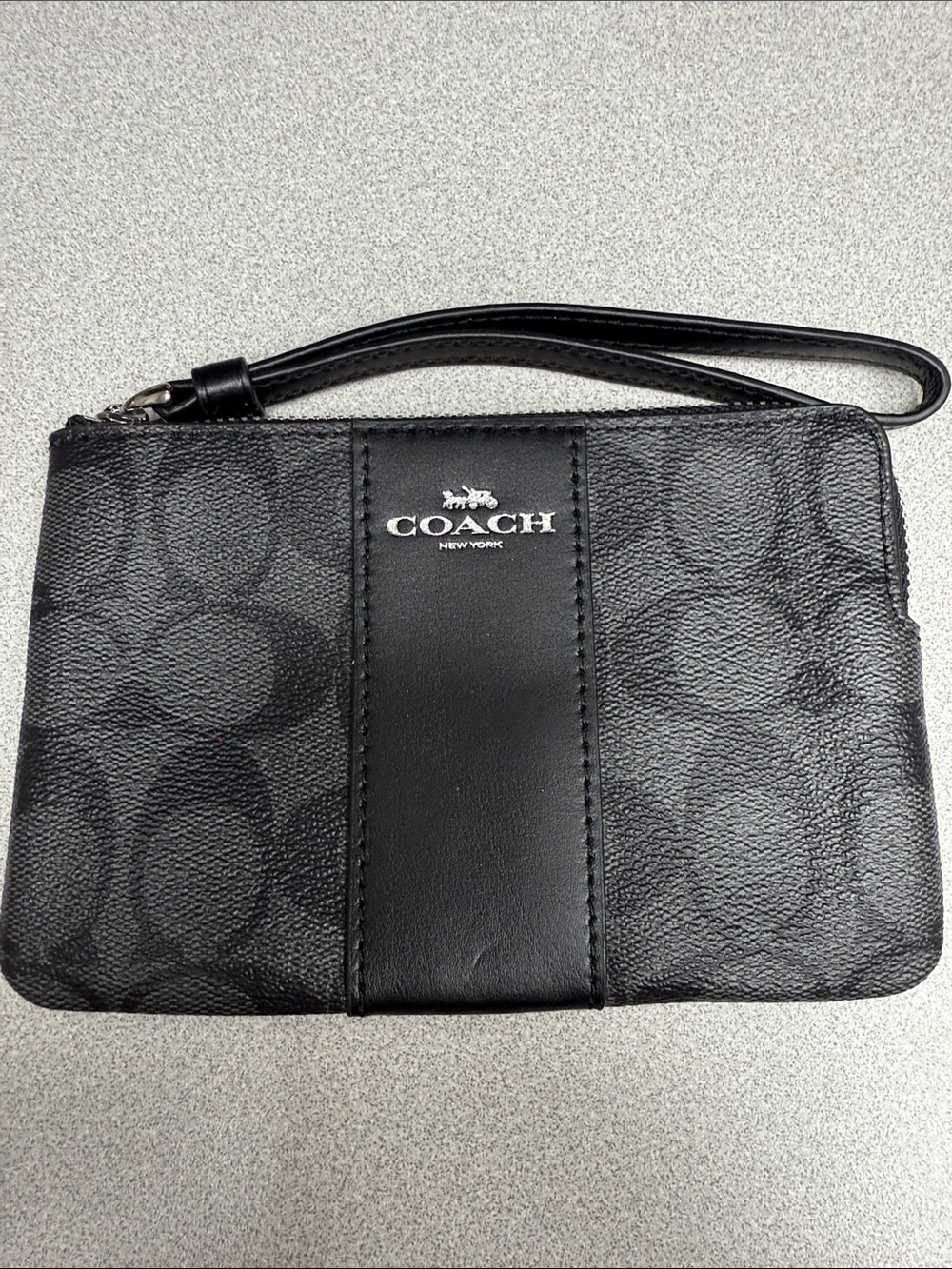 Coach Black Signature Canvas Wristlet with Leather Stripe